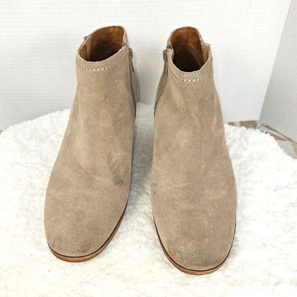 Lucky Brand Khaki Suede Stacked Wedge Heel Side Zip Boots Size 9